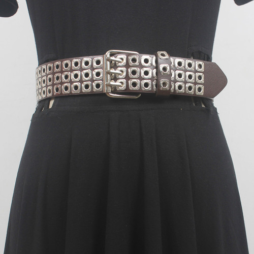 [EAM] Pu Leather Black Rievt Thick Long Wide Vintage Belt Personality Women New Fashion All-match Spring Autumn 2024 1DH6357