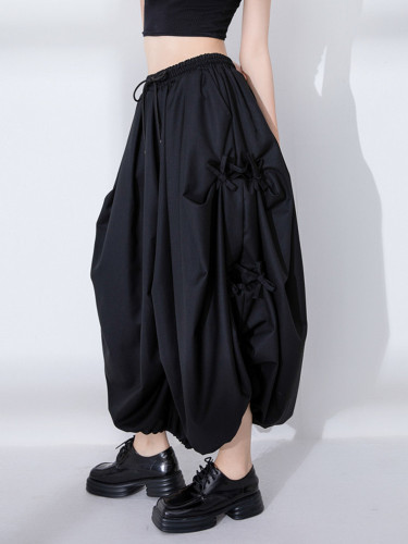 EAM High Elastic Waist Black BANDAGE Wide Leg Pants New Loose Fit Trousers Women Fashion Tide Spring Autumn 2024 31A0010