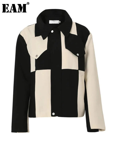 [EAM] Loose Fit Black Color-block Big Size Jacket New Lapel Long Sleeve Women Coat Fashion Tide Spring Autumn 2024 1DF3045