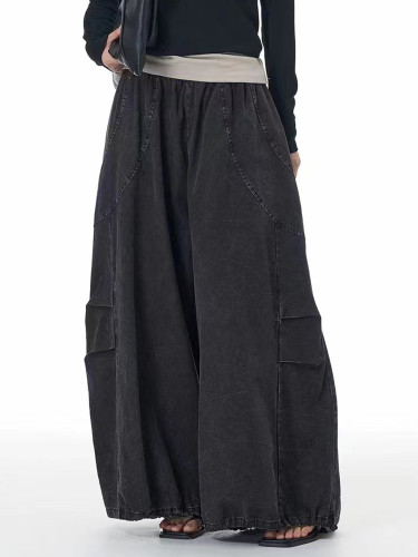[EAM] High Elastic Waist Black Drawstring Denim Long Wide Leg Pants New Trousers Women Fashion Tide Spring Autumn 2024 1DH7560