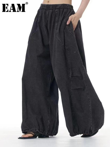 [EAM] High Elastic Waist Black Drawstring Denim Long Wide Leg Pants New Trousers Women Fashion Tide Spring Autumn 2024 1DH7560
