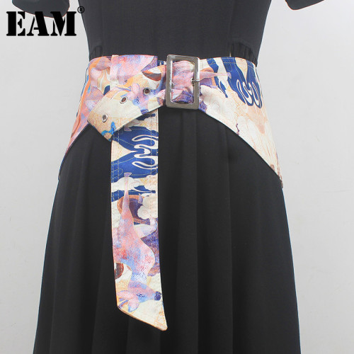 [EAM] Colorful Pattern Printed Irregular Wide Long Belt Personality Women New Fashion Tide All-match Spring Autumn 2024 1DH6358