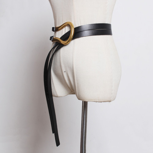 [EAM] Pu Leather Black Buckle Long Irregular Wide Belt Personality Women New Fashion Tide All-match Spring Autumn 2024 1DH6487