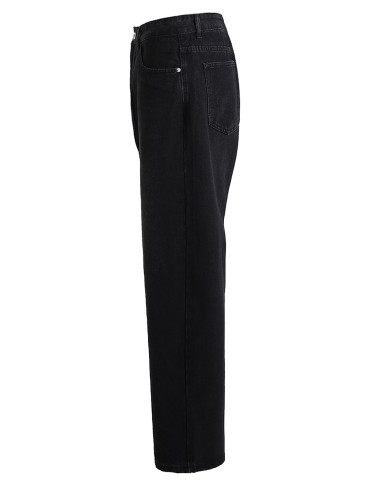 [EAM] High Waist Dark Gray Pocket Buckle Casual Wide Leg Jeans New Women Trousers Fashion Tide Spring Autumn 2024 9A5577