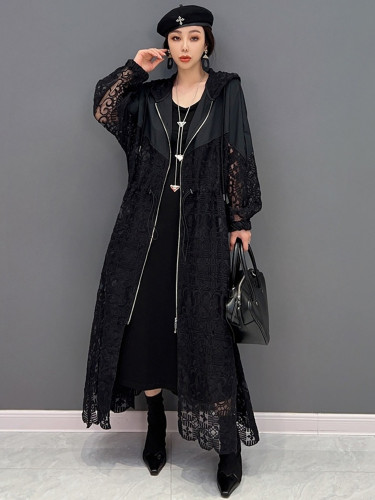 {EAM} Woman Hollow Out Printing Hooded Trench Coat Loose Zipper Cardigan Black Coat Outerwear Clothes 2024 Spring 5R1164