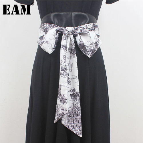 [EAM] Pu Leather Black Printed Bandage Long Wide Belt Personality Women New Fashion Tide All-match Spring Autumn 2024 1DH6363