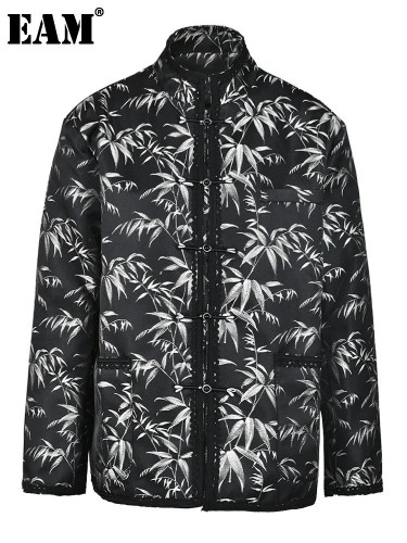 [EAM] Loose Fit Black Pattern Printed Big Size Jacket New Stand Collar Long Sleeve Women Coat Fashion Spring Autumn 2024 CPG0469