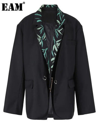 [EAM] Women Black Printed Big Size Elegant Blazer New Lapel Long Sleeve Loose Fit Jacket Fashion Tide Spring Autumn 2024 CPG061
