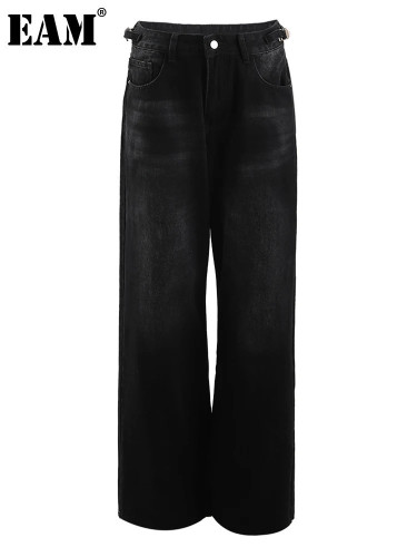 [EAM] High Waist Black Burr Pockets Vintage Casual Wide Leg Jeans New Women Trousers Fashion Tide Spring Autumn 2024 9A8628