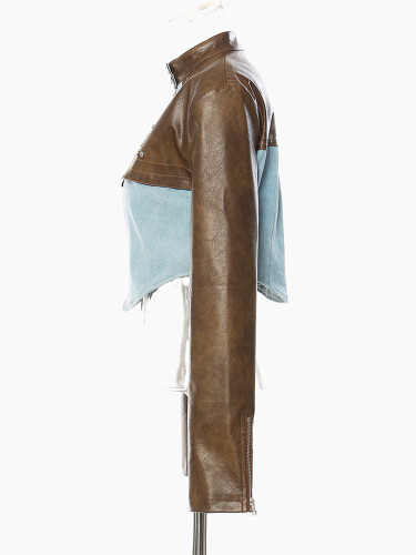 [EAM] Loose Fit Leather Color-block Denim Blue Jacket New Stand Collar Long Sleeve Women Coat Fashion Spring Autumn 2024 1DF0702