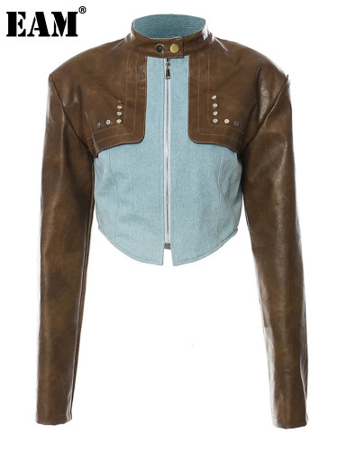 [EAM] Loose Fit Leather Color-block Denim Blue Jacket New Stand Collar Long Sleeve Women Coat Fashion Spring Autumn 2024 1DF0702