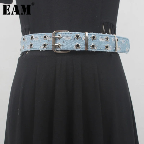 [EAM] Pu Leather Blue Denim Hollow Out Long Vintage Belt Personality Women New Fashion Tide All-match Spring Autumn 2024 1DH6638