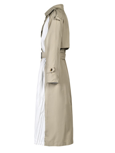 [EAM] Women Khaki Pleated Big Size Long Trench New Lapel Long Sleeve Loose Fit Windbreaker Fashion Spring Autumn 2024  1DF0722