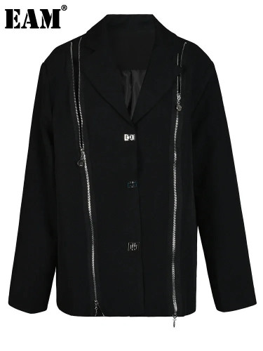 [EAM] Women Black Zipper Irregular Big Size Blazer New Lapel Long Sleeve Loose Fit Jacket Fashion Spring Autumn 2024 1DH1523