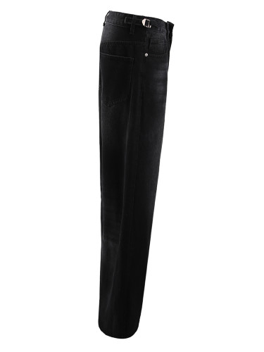 [EAM] High Waist Black Burr Pockets Vintage Casual Wide Leg Jeans New Women Trousers Fashion Tide Spring Autumn 2024 9A8628
