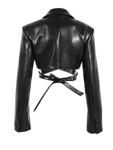 [EAM] Loose Fit Black Cross Bandage Short Pu Leather Jacket New Lapel Long Sleeve Women Coat Fashion Spring Autumn 2024 17A2947