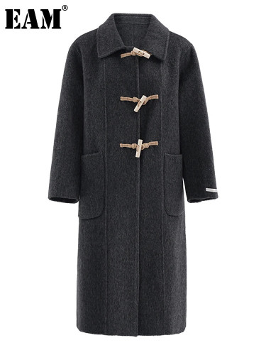 [EAM] Gray Horn Buckle Big Size Thick Woolen Coat New Lapel Long Sleeve Women Jacket Fashion Tide Autumn Winter 2024 CPG2158