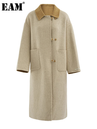 [EAM] Khaki Color-block Big Size Long Elegant Woolen Coat New Lapel Long Sleeve Women Jacket Fashion Autumn Winter 2024 CPG2152