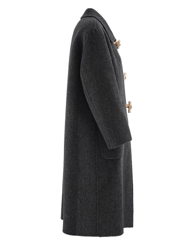 [EAM] Gray Horn Buckle Big Size Thick Woolen Coat New Lapel Long Sleeve Women Jacket Fashion Tide Autumn Winter 2024 CPG2158
