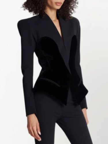 DEAT Fashion Women's Blazer Notched Collar Velvet Spliced Long Sleeves Single Breasted Slim Suit Jackets Autumn 2024 New 7AB529