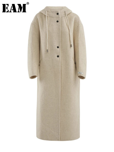 [EAM] Beige Big Size Thick Warm Long Woolen Coat New Hooded Long Sleeve Women Jacket Fashion Tide Autumn Winter 2024 CPG2154