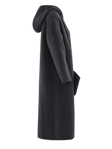 [EAM] Gray Thick With Gloves Big Size Woolen Coat New Hooded Long Sleeve Women Jacket Fashion Tide Autumn Winter 2024 CPG2156