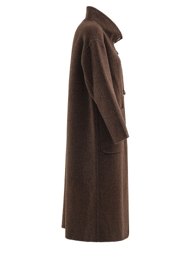 [EAM] Brown Thick Big Size Horn Buckle Woolen Coat New Stand Collar Long Sleeve Women Jacket Fashion Autumn Winter 2024 CPG2157