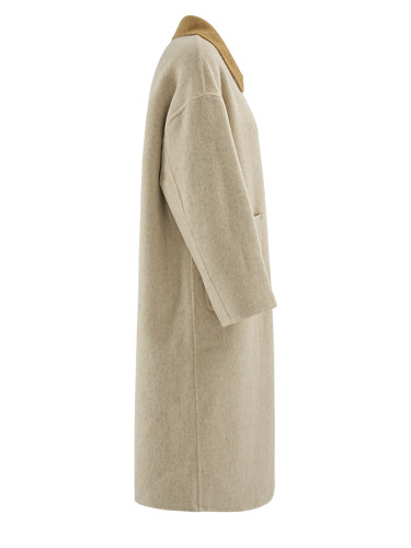 [EAM] Khaki Color-block Big Size Long Elegant Woolen Coat New Lapel Long Sleeve Women Jacket Fashion Autumn Winter 2024 CPG2152
