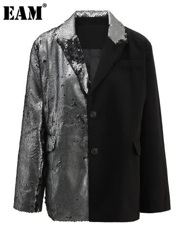 [EAM] Women Black Color-block Sequins Big Size Blazer New Lapel Long Sleeve Jacket Fashion Tide Spring Autumn 2024 CPG1490