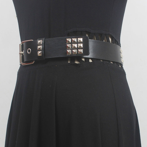 [EAM] Pu Leather Black Rivet Long Wide Vintage Belt Personality Women New Fashion Tide All-match Spring Autumn 2024 1DH5543
