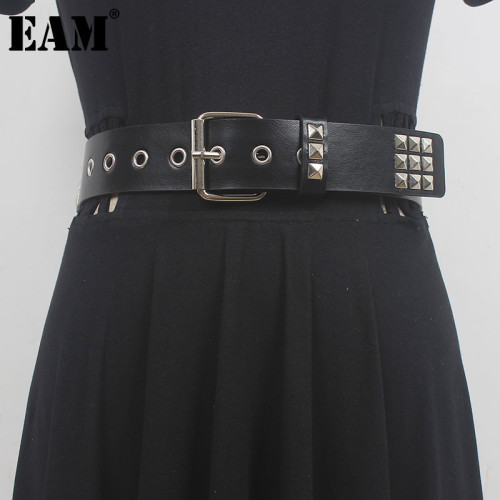 [EAM] Pu Leather Black Rivet Long Wide Vintage Belt Personality Women New Fashion Tide All-match Spring Autumn 2024 1DH5543