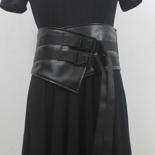 [EAM] Pu Leather Black Irregular Wide Buckle Belt Personality Women New Fashion Tide All-match Spring Autumn 2024 1DH5542
