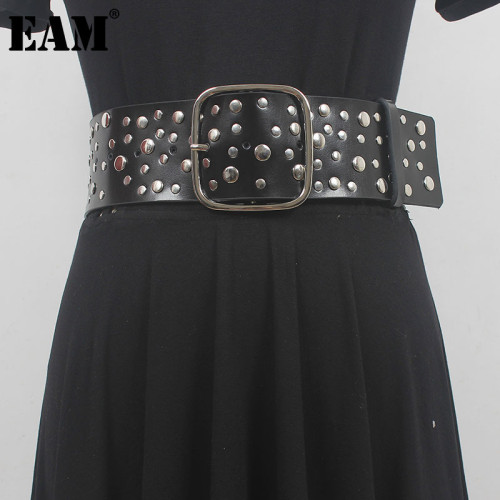 [EAM] Pu Leather Black Rivet Square Buckle Wide Belt Personality Women New Fashion Tide All-match Spring Autumn 2024 1DH5538