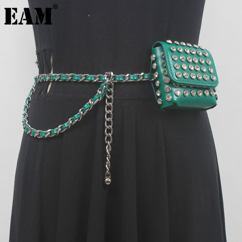 [EAM] Pu Leather Green Mini-bag Rhinestones Long Belt Personality Women New Fashion Tide All-match Spring Autumn 2024 1DH5547