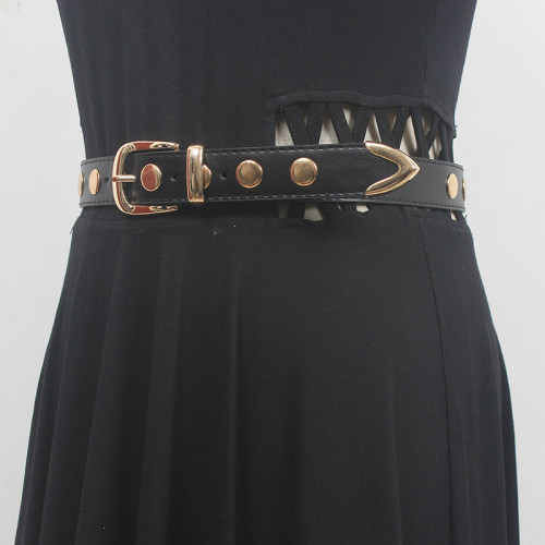 [EAM] Pu Leather Black Metal Rivet Long Vintage Belt Personality Women New Fashion Tide All-match Spring Autumn 2024 1DH5545
