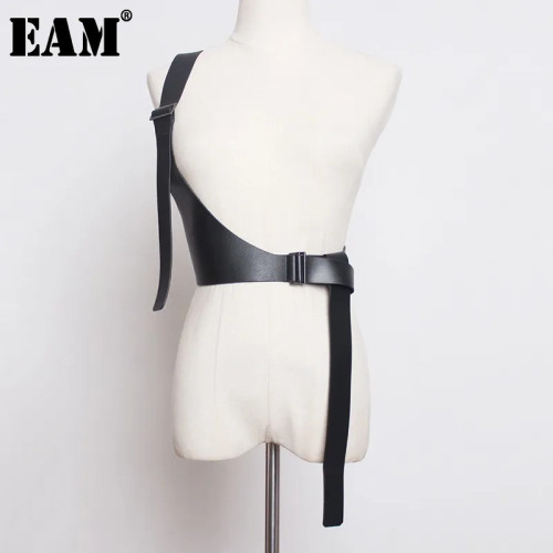 [EAM] Pu Leather Black Irregular Adjustable Long Strap Belt Personality Women New Fashion All-match Spring Autumn 2024 JX697