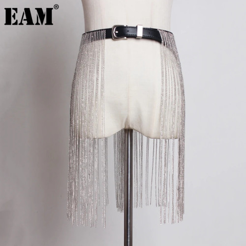 [EAM] Pu Leather Black Rhinestones Tassels Long Belt Personality Women New Fashion Tide All-match Spring Autumn 2024 1DH6353