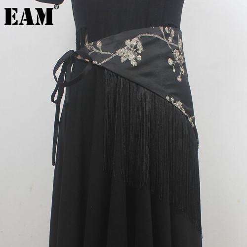 [EAM] Black Embroidery Irregular Tassels Long Belt Personality Women New Fashion Tide All-match Spring Autumn 2024  1DH5544