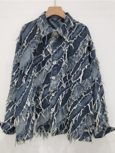 {EAM} Long Sleeve Fringed Denim Jacket European Fashion Clothing Cowboy Tops Tassels Overcoats 2024 Autumn New DLZ052