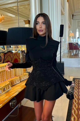 {EAM} Solid Spliced Button Slomming Dresses For Women Turtleneck Long Sleeve High Waist Patchwork Sequines Dress Female DLZ051