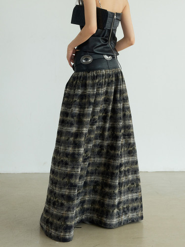 DEAT Fashion Women's Skirt High Waist Personalized Vintage Patchwork PU Leather Plaid A-line Skirts Autumn 2024 New Tide 1DH7598