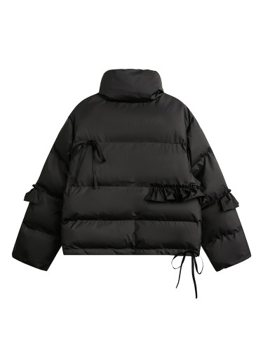 DEAT Fashion Women's Cotton-padded Coat Turtleneck Loose Bow Ruffles Long Sleeves Short Quilted Jacket Winter 2024 New CPG2235