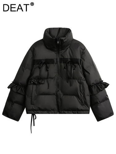 DEAT Fashion Women's Cotton-padded Coat Turtleneck Loose Bow Ruffles Long Sleeves Short Quilted Jacket Winter 2024 New CPG2235