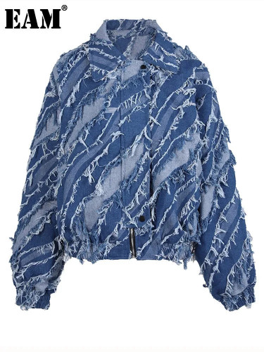 [EAM] Loose Fit Blue Denim Tassels Big Size Jacket New Lapel Long Sleeve Women Coat Fashion Tide Spring Autumn 2024 1DH1529