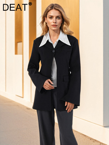 DEAT Fashion Women's Contrast Color Lapel Fake 2 Pcs Blazer Silm Single Button Long Sleeves Suit Jacket Autumn 2024 New CPDB274