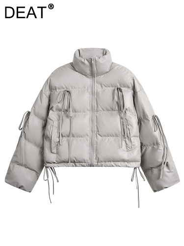 DEAT Fashion Women's Cotton-padded Coat Turtleneck Loose Zipper Long Sleeves Gray Short Quilted Jacket Winter 2024 New CPG2236