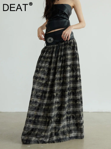 DEAT Fashion Women's Skirt High Waist Personalized Vintage Patchwork PU Leather Plaid A-line Skirts Autumn 2024 New Tide 1DH7598