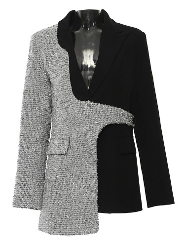 DEAT Fashion Women's Contrast Color Patchwork Blazer Lapel Long Sleeves Irregular Suit Jacket Autumn 2024 New Tide 1DH7642