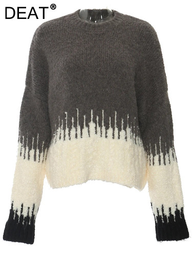 DEAT Fashion Women's Knitted Pullovers Loose Contrast Color Long Sleeves Coarse Weaving Versatile Sweater Autumn 2024 New 1DH760