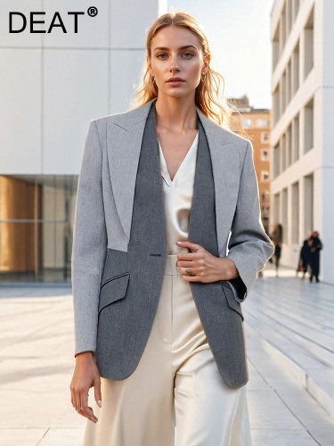 DEAT Fashion Women's Fake 2 Pcs Blazer Lapel Single Button Contrast Color Patchwork Long Sleeves Suit Jacket Autumn 2024 New